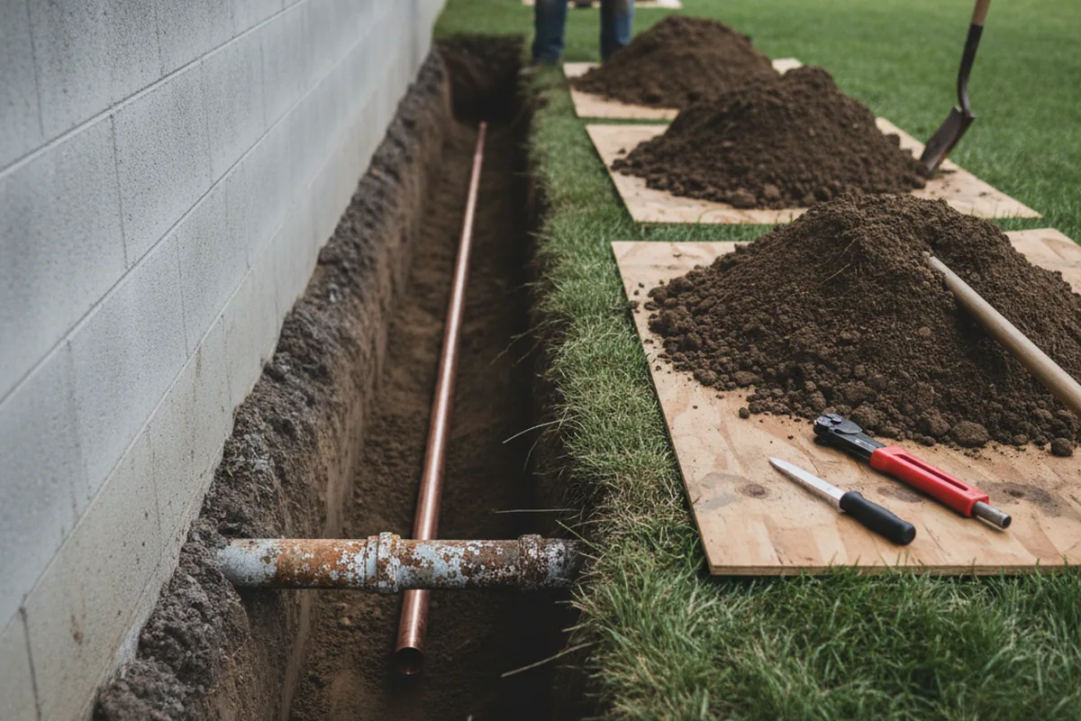 Excavated water line trench during Water Heater Repair in Carbondale